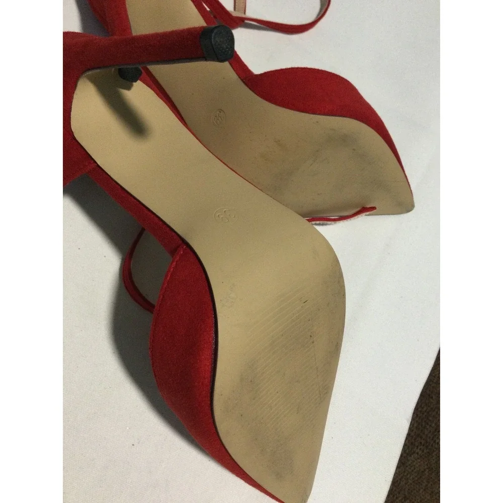 Red Faux Suede Pointed Toe Ankle Strap D'Orsay‎ High Heel Pumps Size 39